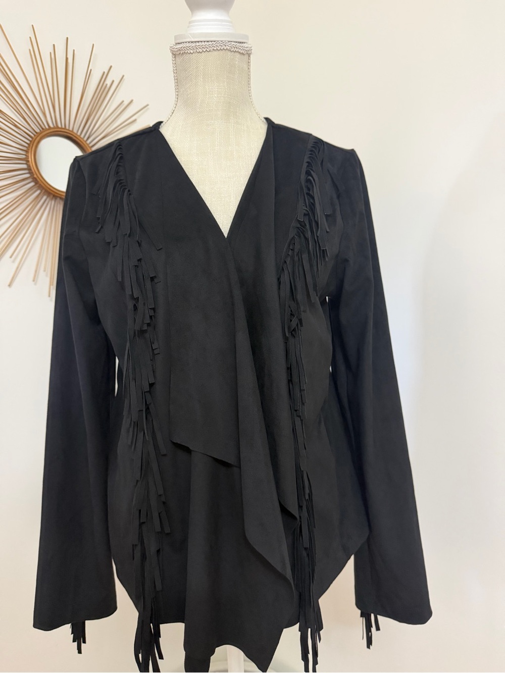 Colleen Lopez Black Fringe Faux Suede Jacket Women’s Size Large NWT